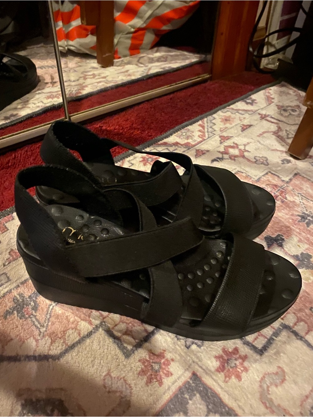Comfort Wedge Sandals with Elastic Cross Straps - Black